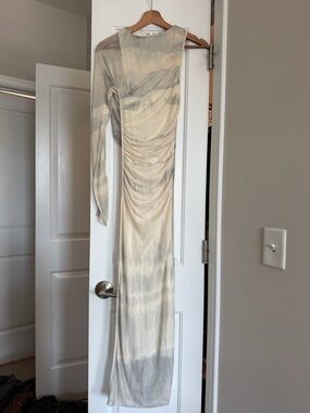 Zara Cream and Gray One-Shoulder Ruched Gown